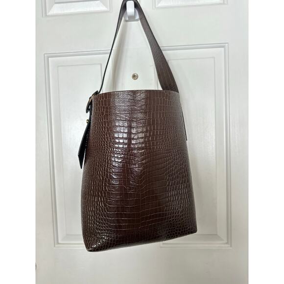 Banana Republic Vida Bag Croc Embossed Leather Shoulder Tote Brown Oversized - Picture 7 of 15